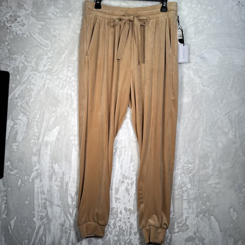 1. State Womens Velour Sweatpants - Beige - Size M  Elastic Waist Cute Tie